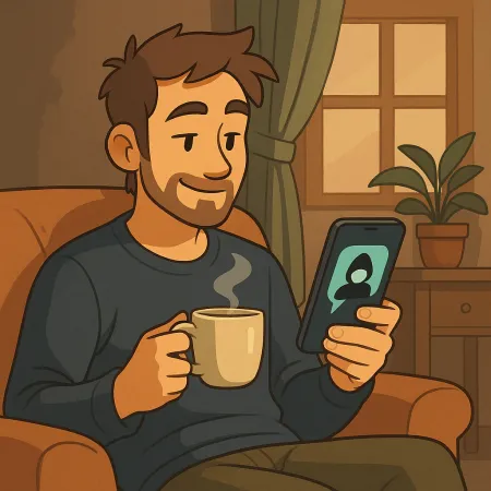 A bearded man sitting comfortably in an armchair, holding a steaming cup of coffee in one hand and a smartphone in the other. He smiles at the screen, where an anonymous silhouette is displayed. The indoor atmosphere is warm, with a plant, a curtain, and a window in the background.