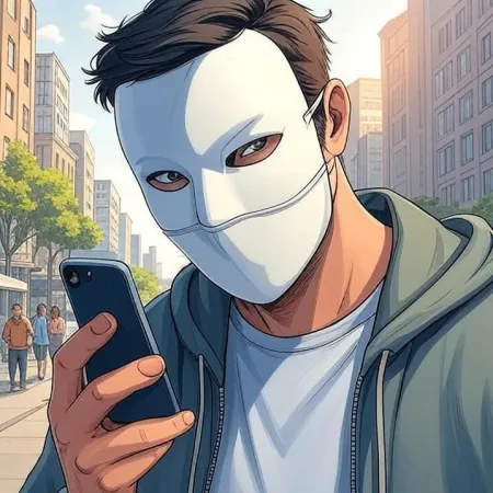 A man wearing a white mask and a hoodie looks at his mobile phone on a city street. The image is created in a cartoon or comic style.