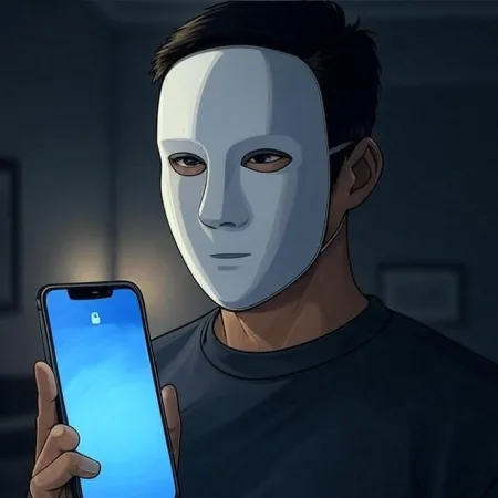Person wearing a white mask holding a smartphone with an active lock screen.