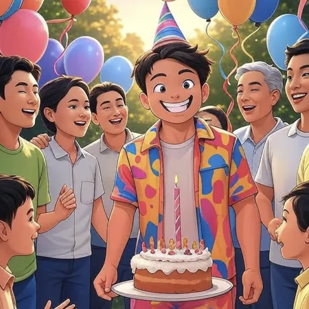 Smiling boy in a party hat holding a unique candle cake, surrounded by guests and colorful balloons outdoors.