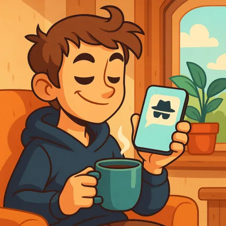 Illustration of a young man smiling, sitting comfortably with a cup of coffee, holding a smartphone displaying an anonymous message icon with a hat and black sunglasses