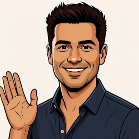 Cartoon-style illustration of a smiling brown-haired man wearing a navy blue shirt and raising his right hand to greet.